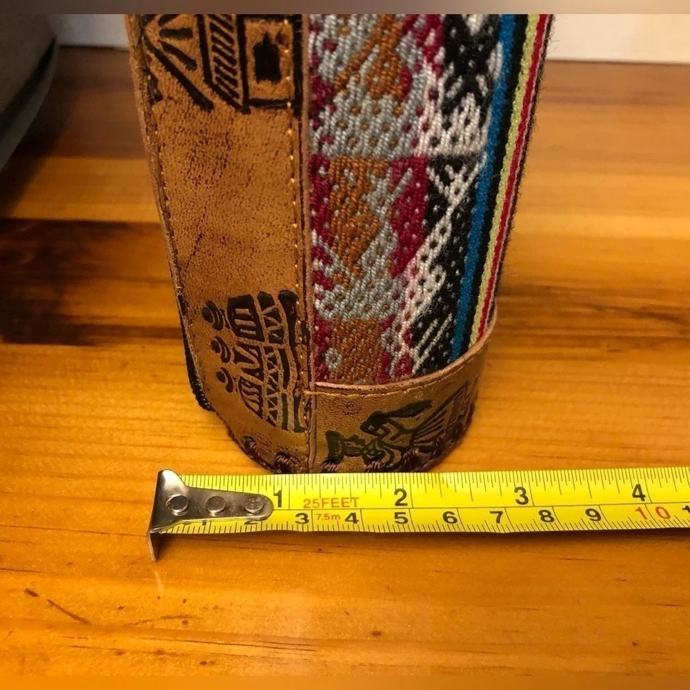 Boho Peruvian Leather Cylinder Pouch with Llama/Geometric Tooled Art